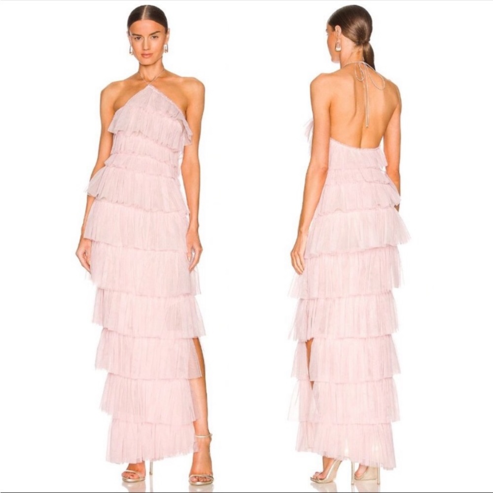 The Bar Henri tiered ruffle tulle gown maxi dress rose pink 13171